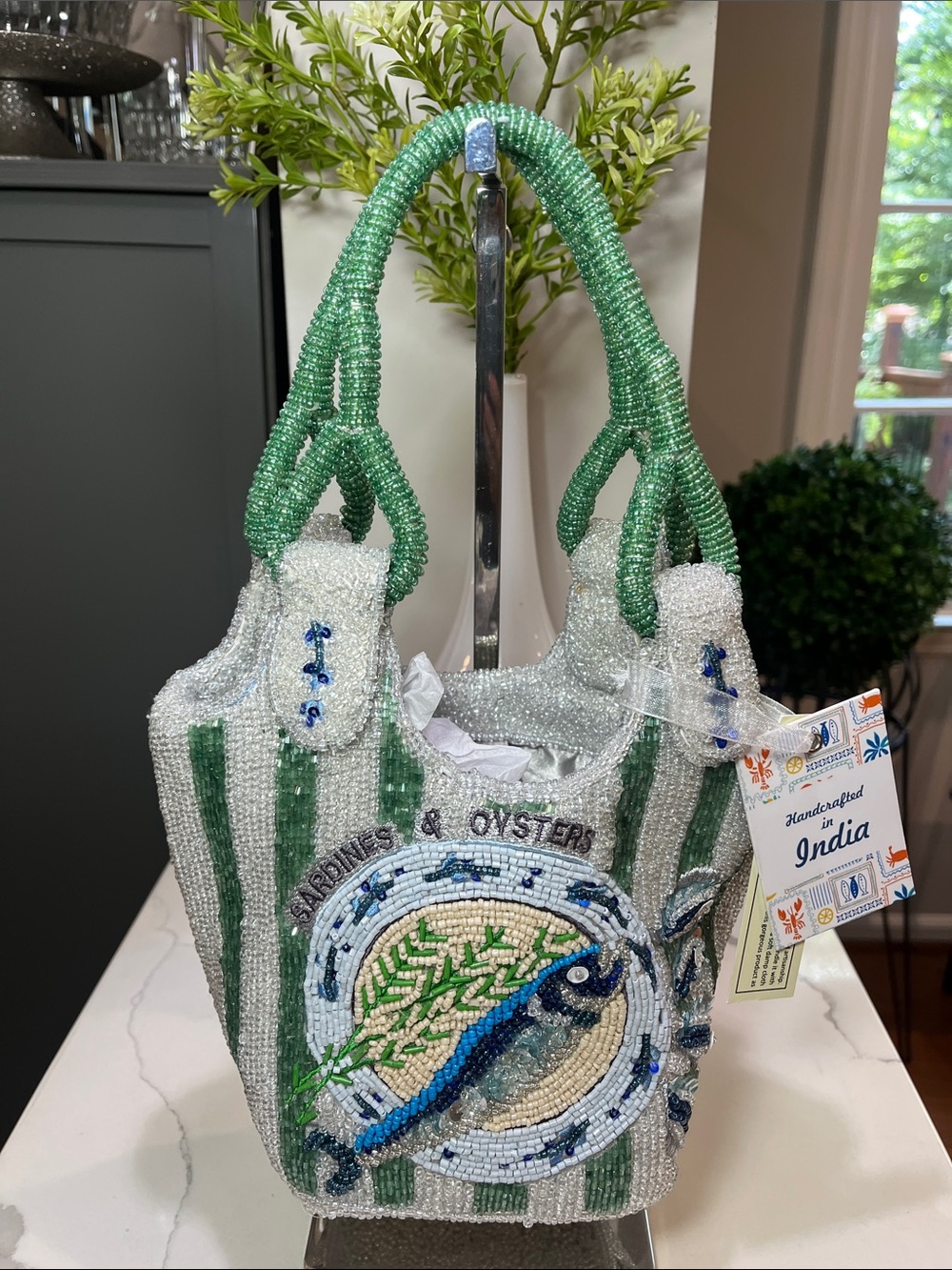 Beaded India Sardine & Oysters Can Beaded Mini Tote Bag Tinned Fish NWT